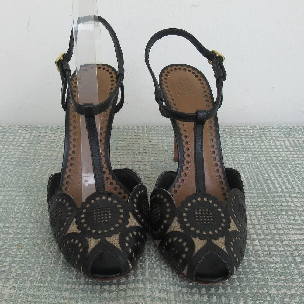 TORY BURCH, ALEXA Genuine Leather Peep Toe High Heel Sandal Black & Tan Sz. 6.5 - Picture 2 of 13